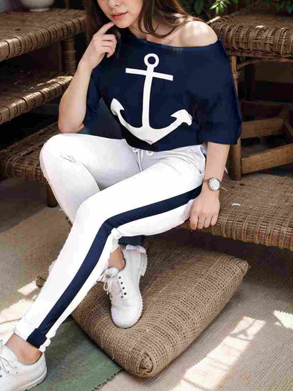 anchor print v neck long sleeve t shirt trousers two piece suit 102613