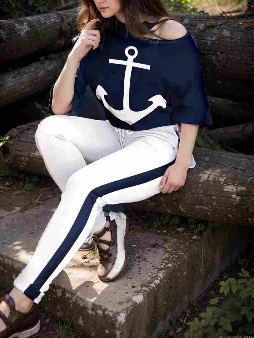 anchor print v neck long sleeve t shirt trousers two piece suit 103510