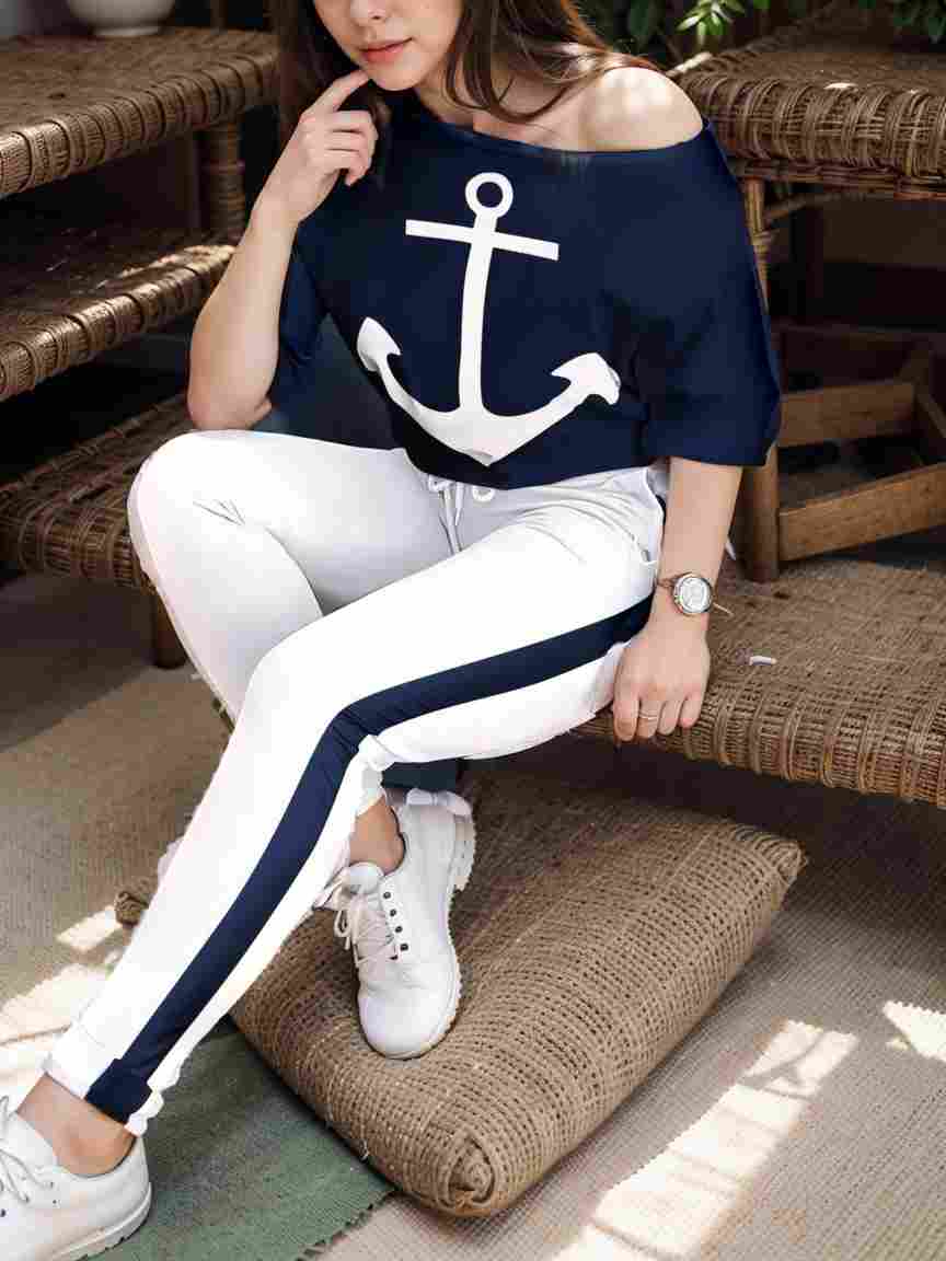 anchor print v neck long sleeve t shirt trousers two piece suit 149204