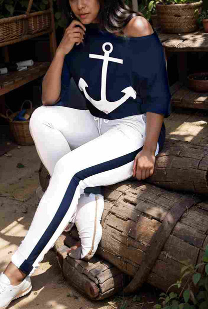 anchor print v neck long sleeve t shirt trousers two piece suit 104752