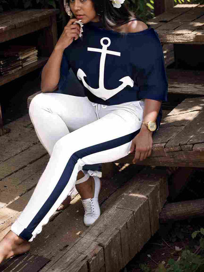 anchor print v neck long sleeve t shirt trousers two piece suit 100251