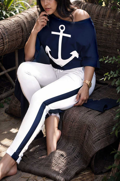 anchor print v neck long sleeve t shirt trousers two piece suit 102918