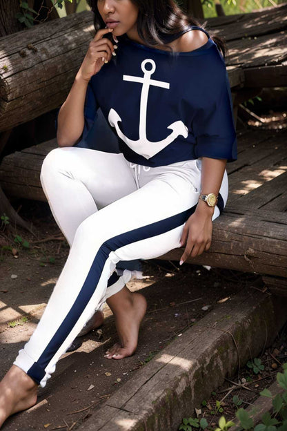 anchor print v neck long sleeve t shirt trousers two piece suit 107497