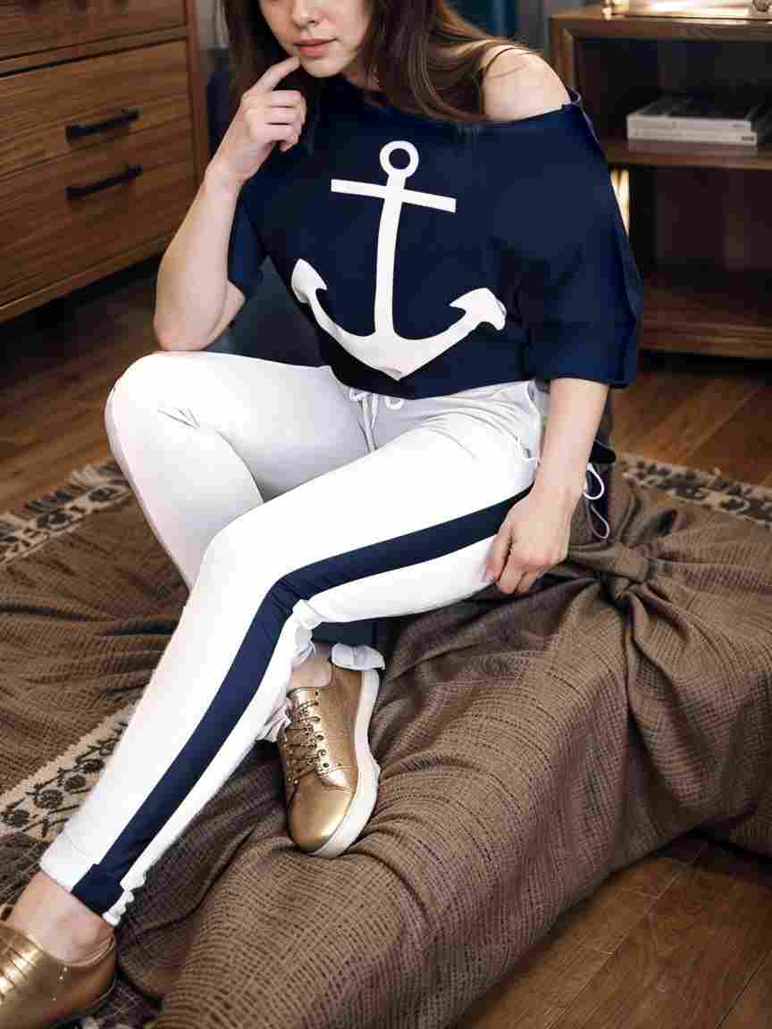 anchor print v neck long sleeve t shirt trousers two piece suit 101056