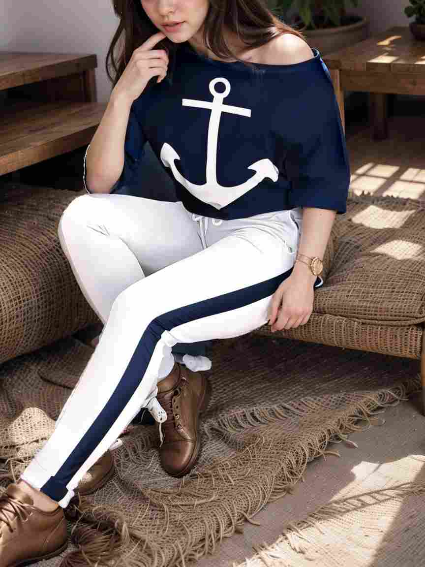 anchor print v neck long sleeve t shirt trousers two piece suit 145767