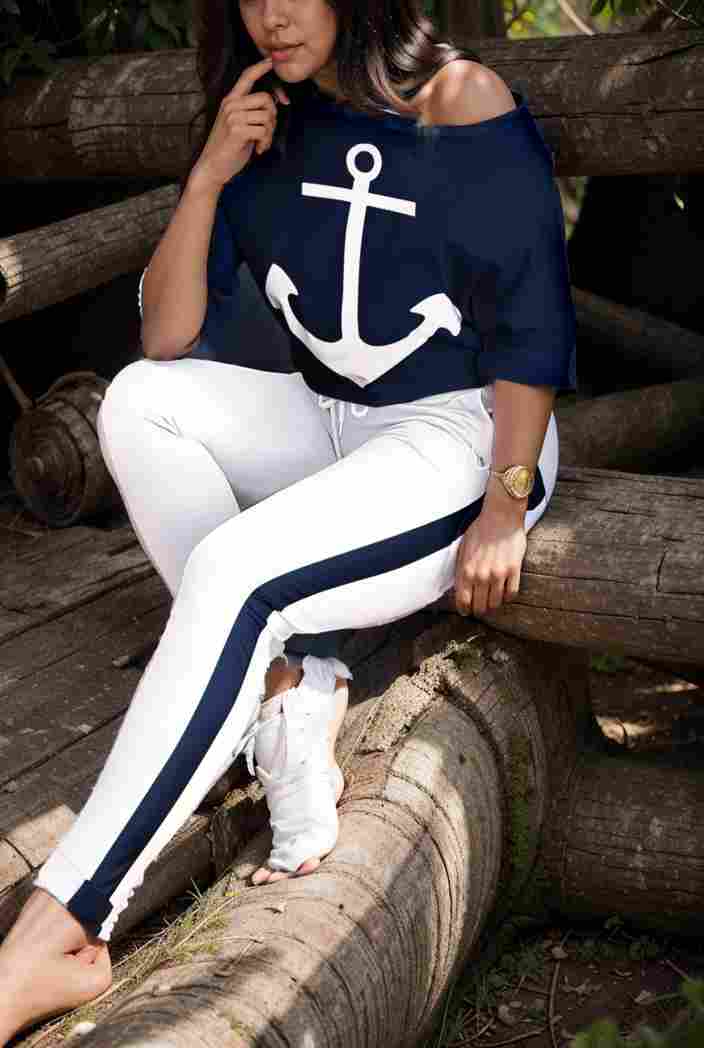 anchor print v neck long sleeve t shirt trousers two piece suit 143609