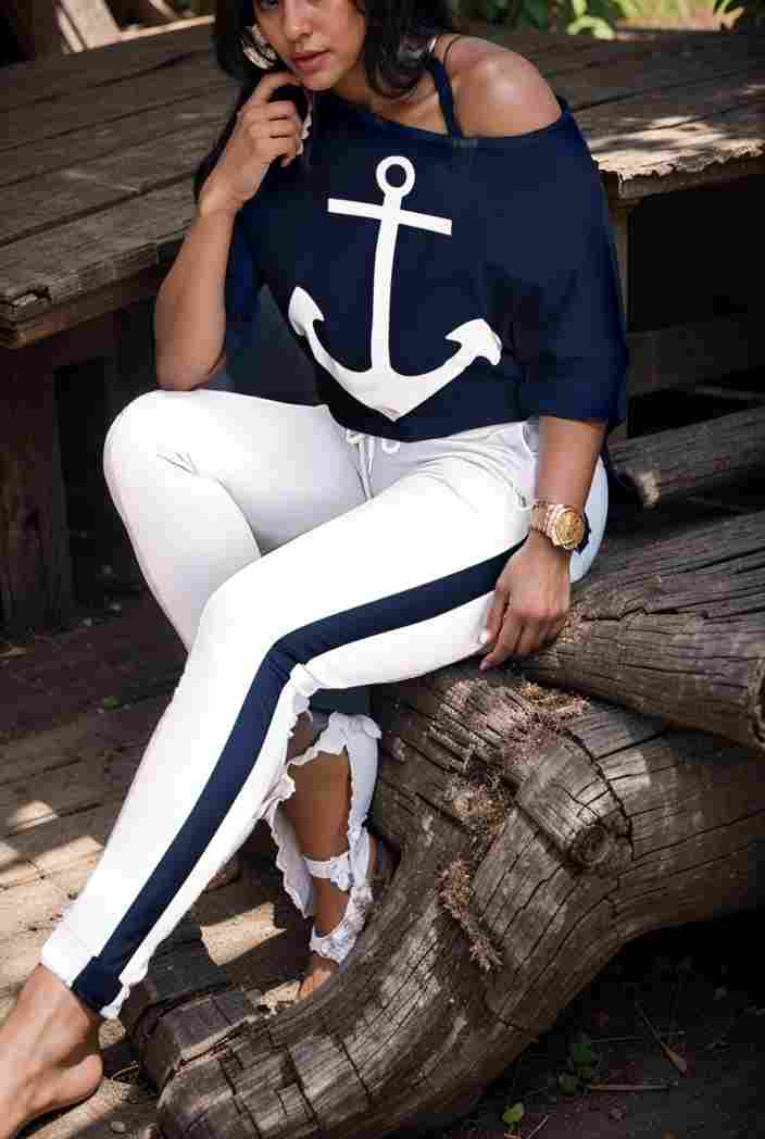 anchor print v neck long sleeve t shirt trousers two piece suit 130988