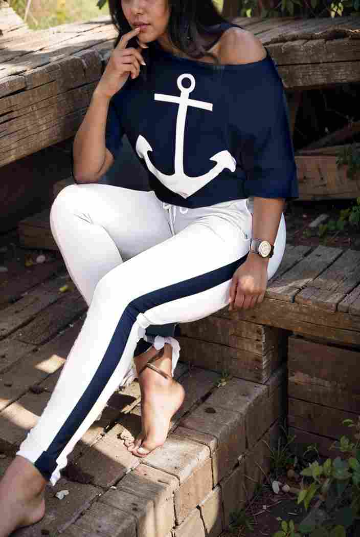 anchor print v neck long sleeve t shirt trousers two piece suit 145425