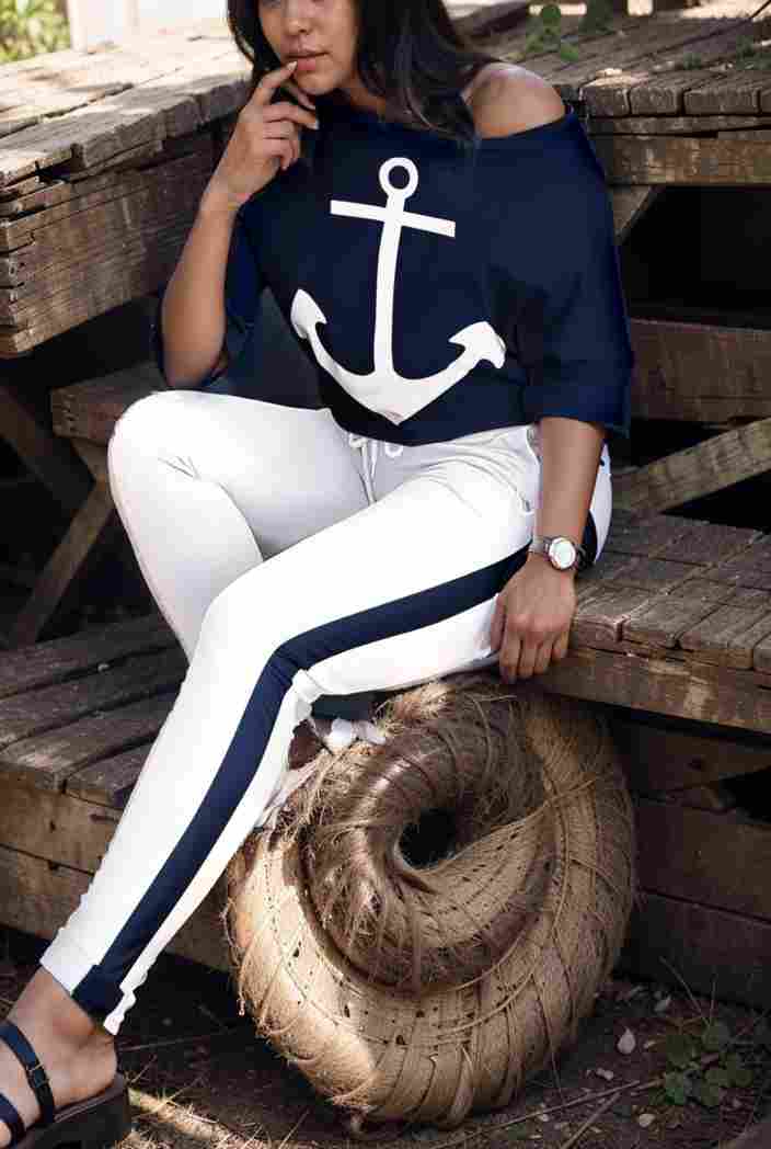 anchor print v neck long sleeve t shirt trousers two piece suit 125183