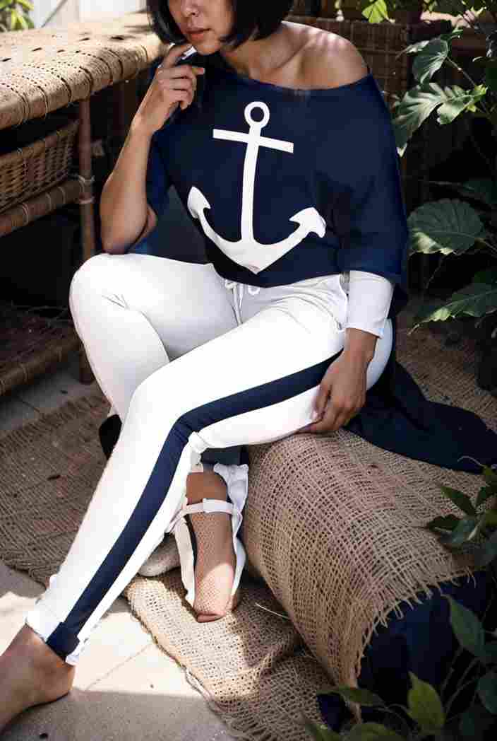 anchor print v neck long sleeve t shirt trousers two piece suit 144737