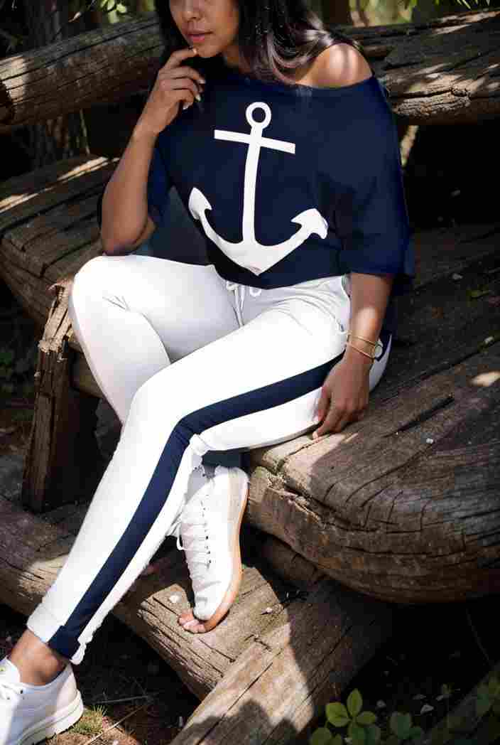 anchor print v neck long sleeve t shirt trousers two piece suit 125285