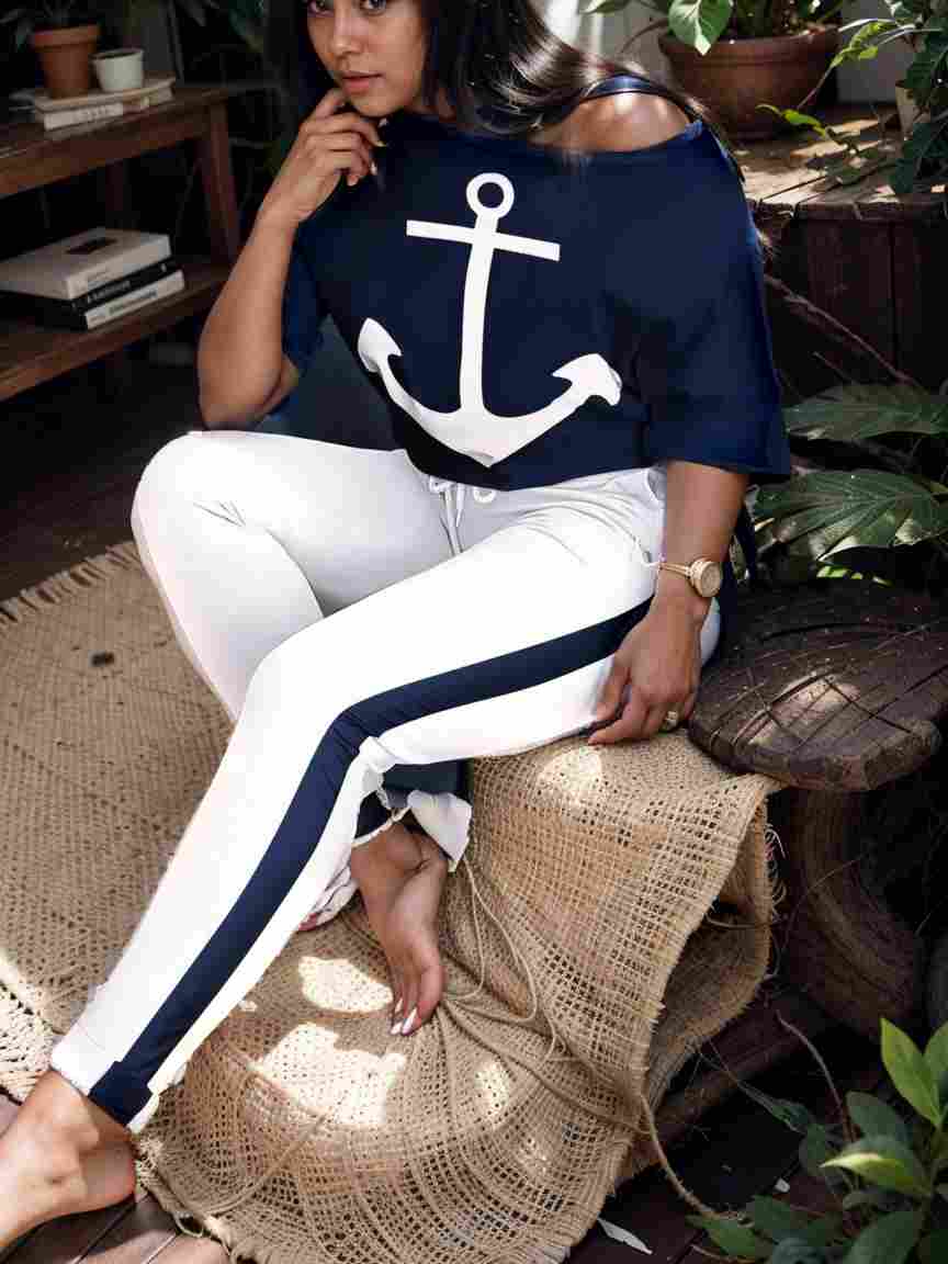 anchor print v neck long sleeve t shirt trousers two piece suit 103641