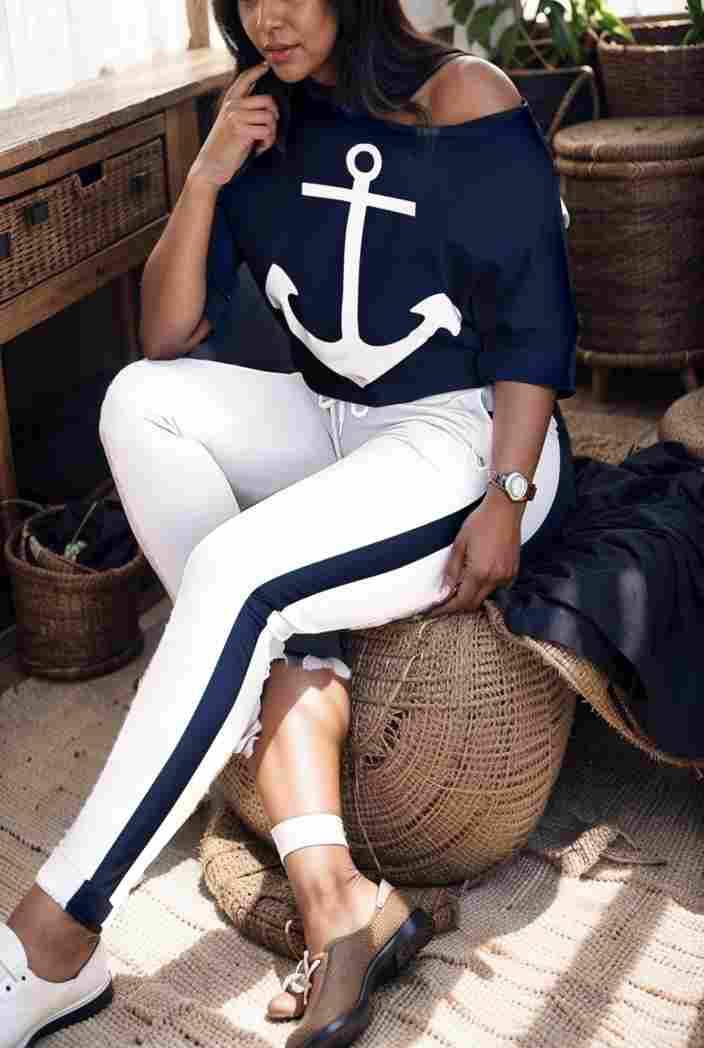 anchor print v neck long sleeve t shirt trousers two piece suit 142832