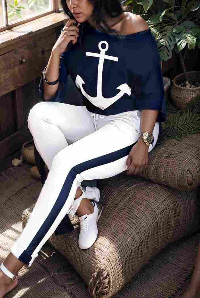 anchor print v neck long sleeve t shirt trousers two piece suit 123808