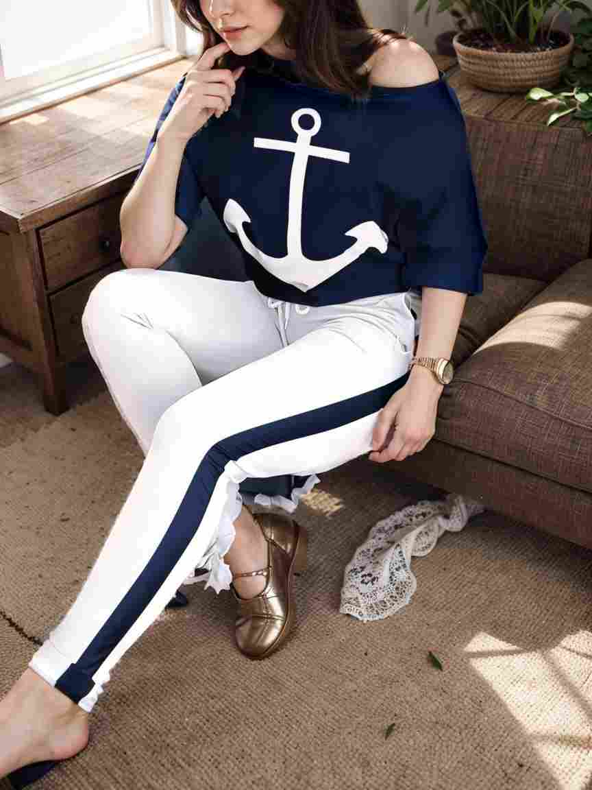 anchor print v neck long sleeve t shirt trousers two piece suit 100967