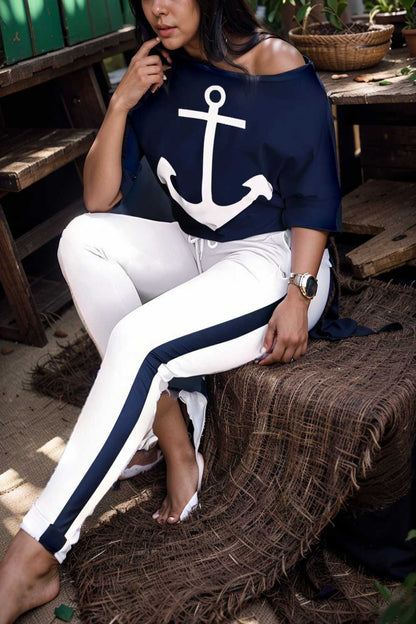 anchor print v neck long sleeve t shirt trousers two piece suit 135848