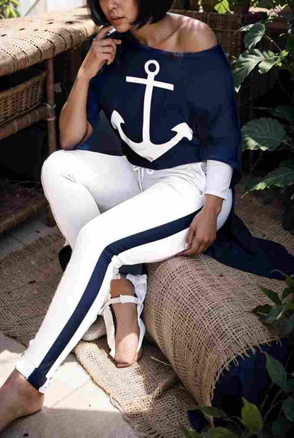 anchor print v neck long sleeve t shirt trousers two piece suit 104875