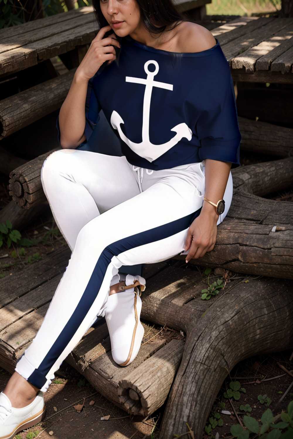 anchor print v neck long sleeve t shirt trousers two piece suit 148466