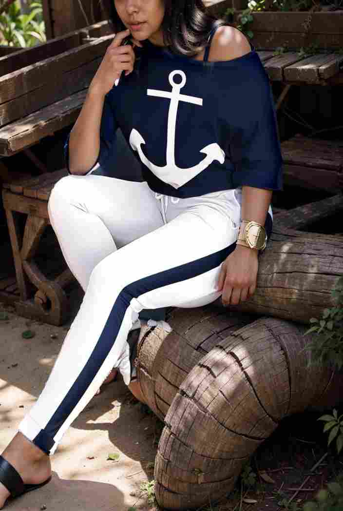 anchor print v neck long sleeve t shirt trousers two piece suit 137276