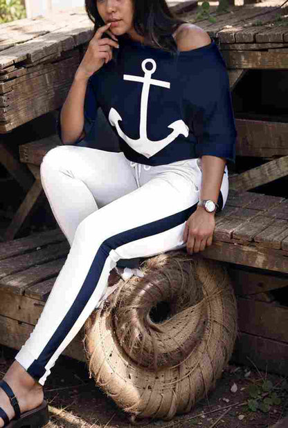 anchor print v neck long sleeve t shirt trousers two piece suit 107879