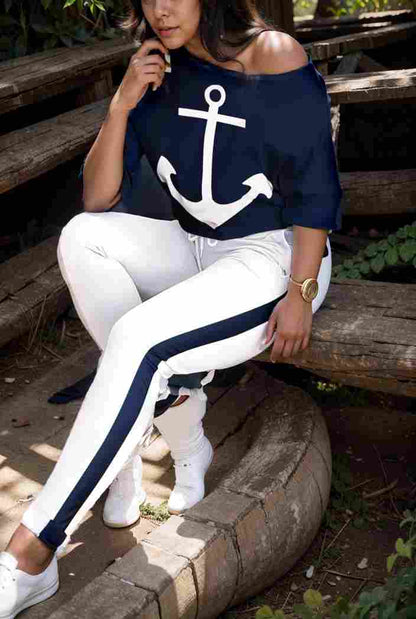 anchor print v neck long sleeve t shirt trousers two piece suit 127699