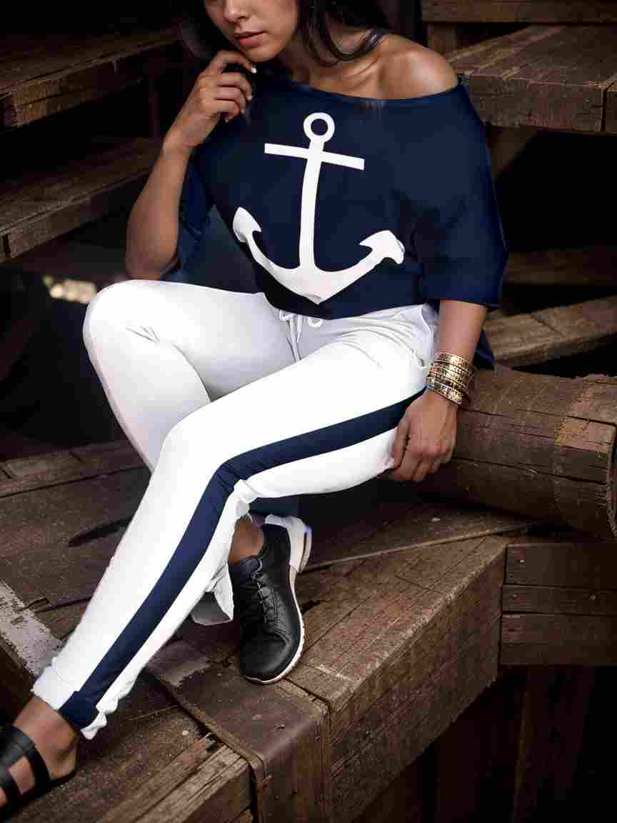 anchor print v neck long sleeve t shirt trousers two piece suit 147009