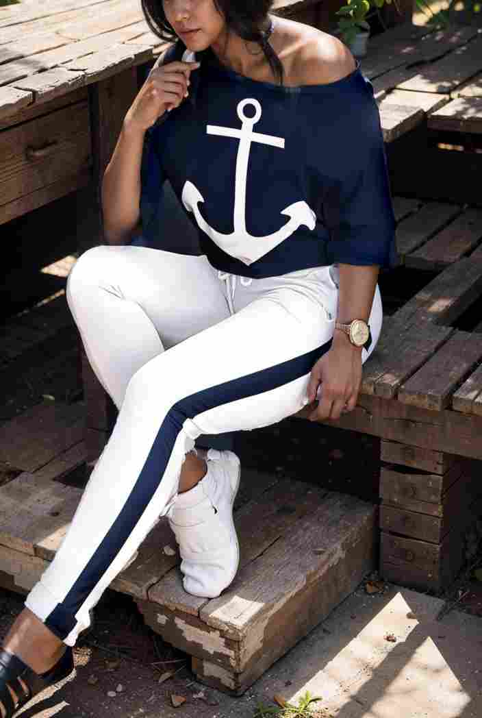 anchor print v neck long sleeve t shirt trousers two piece suit 112900