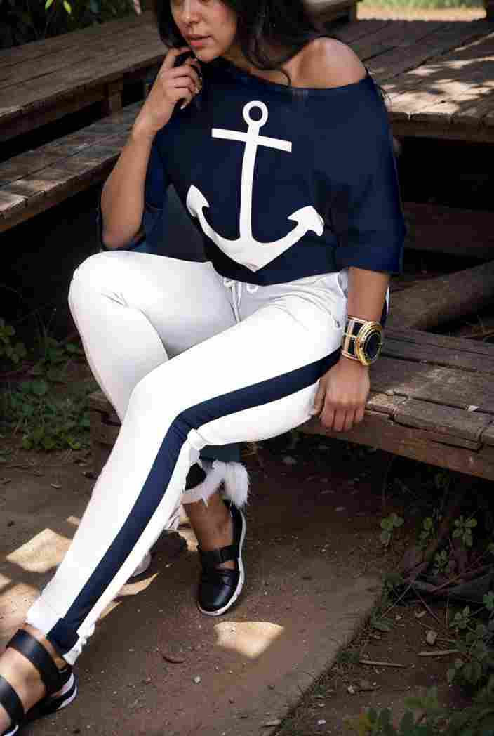 anchor print v neck long sleeve t shirt trousers two piece suit 117247