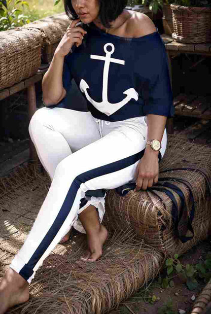 anchor print v neck long sleeve t shirt trousers two piece suit 112434