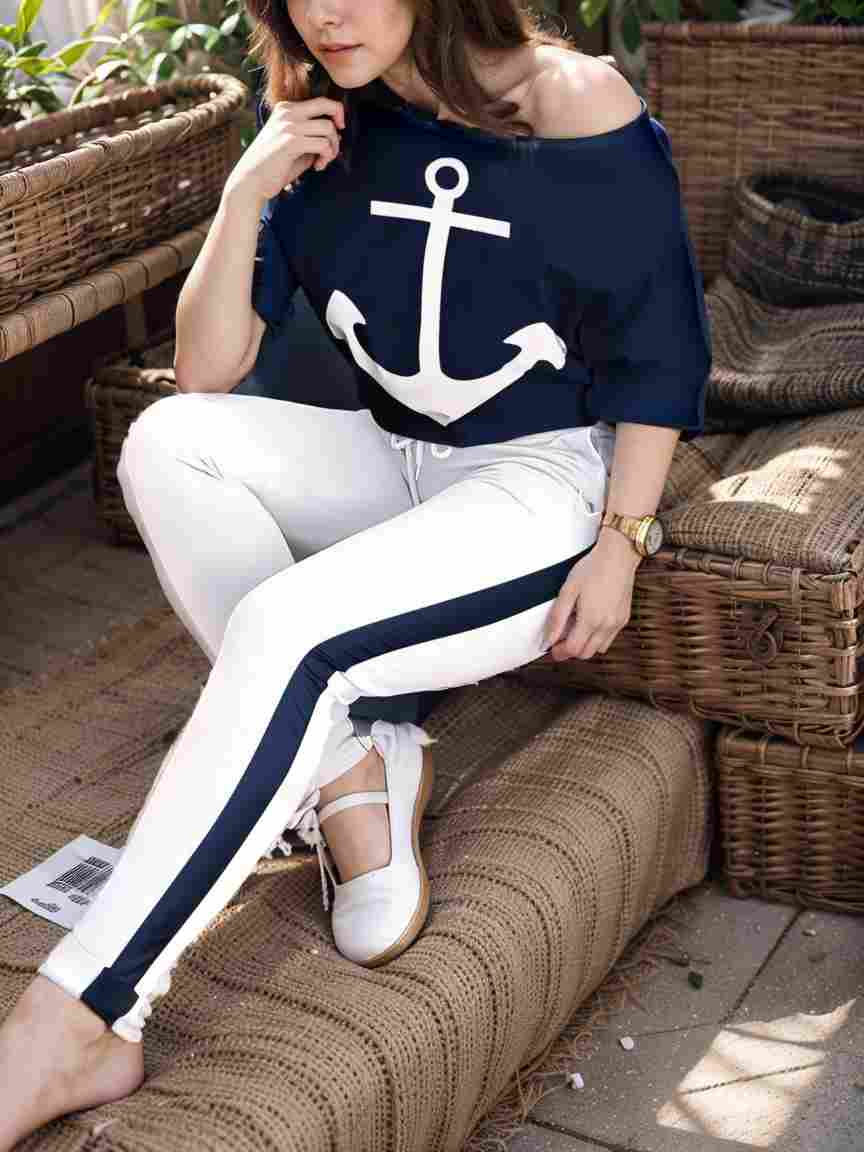 anchor print v neck long sleeve t shirt trousers two piece suit 100023