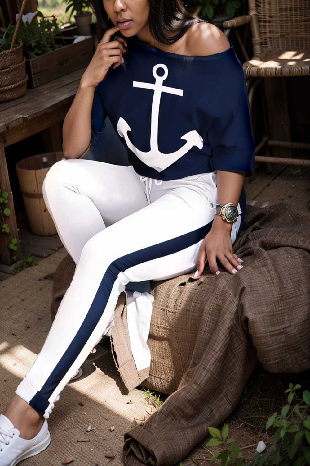 anchor print v neck long sleeve t shirt trousers two piece suit 107496