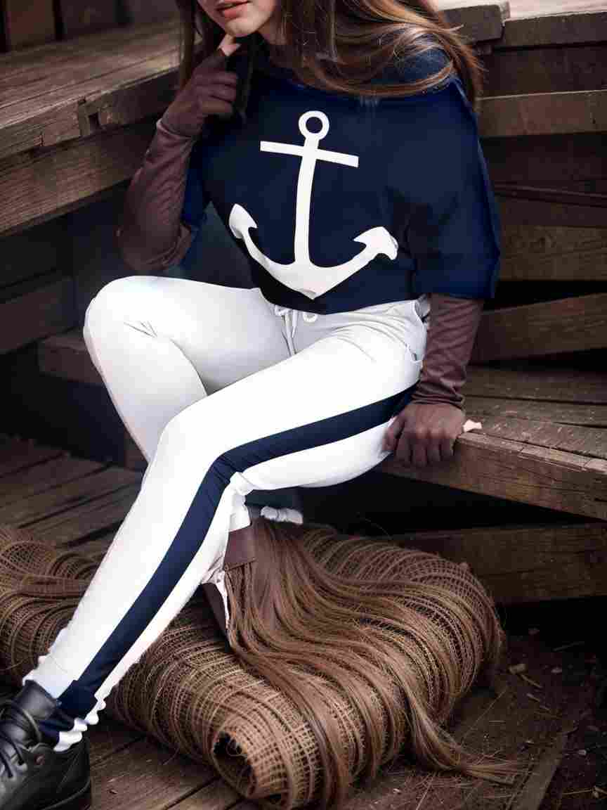 anchor print v neck long sleeve t shirt trousers two piece suit 124625