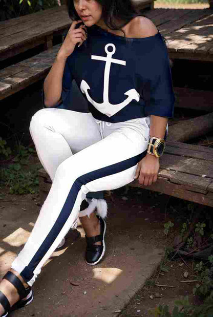 anchor print v neck long sleeve t shirt trousers two piece suit 132420