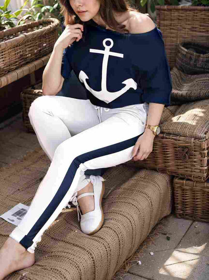 anchor print v neck long sleeve t shirt trousers two piece suit 134594