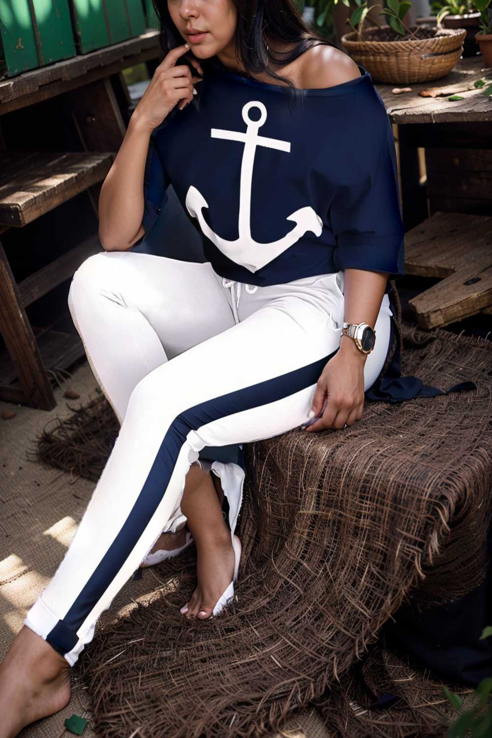 anchor print v neck long sleeve t shirt trousers two piece suit 125434