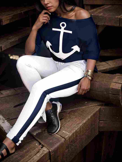 anchor print v neck long sleeve t shirt trousers two piece suit 135268