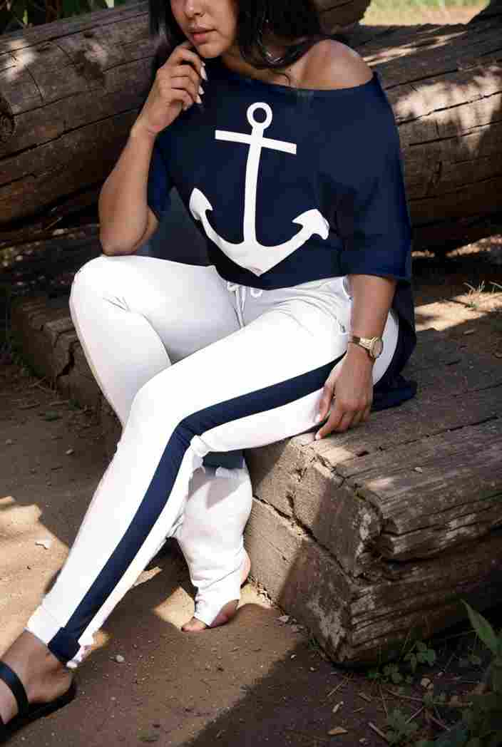 anchor print v neck long sleeve t shirt trousers two piece suit 145223