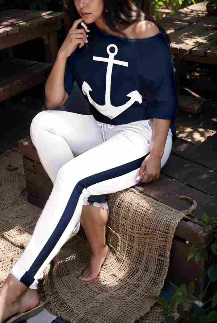 anchor print v neck long sleeve t shirt trousers two piece suit 129075