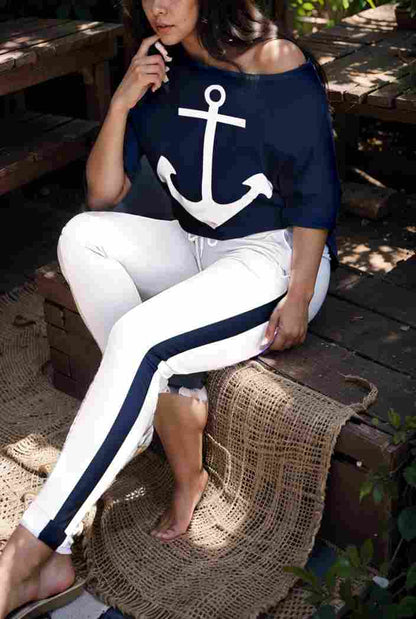 anchor print v neck long sleeve t shirt trousers two piece suit 129075