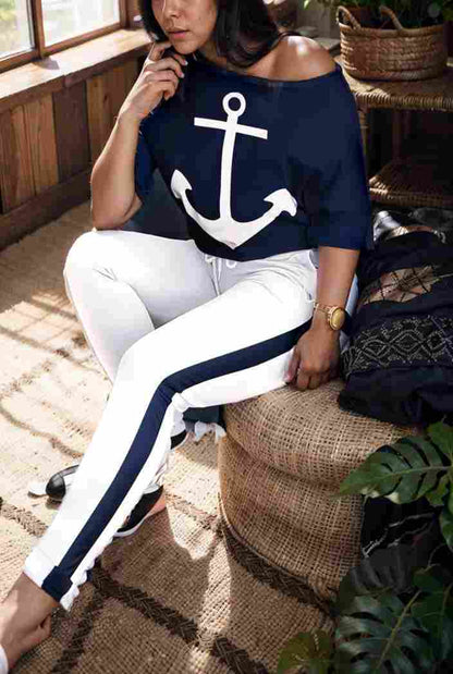 anchor print v neck long sleeve t shirt trousers two piece suit 139604