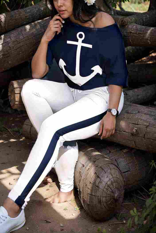 anchor print v neck long sleeve t shirt trousers two piece suit 101000