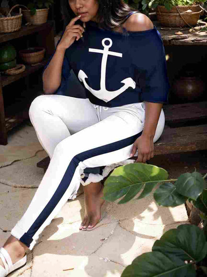 anchor print v neck long sleeve t shirt trousers two piece suit 106649