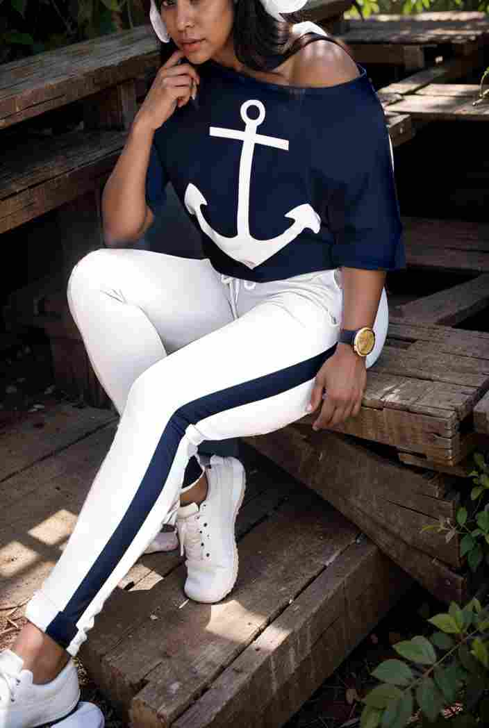 anchor print v neck long sleeve t shirt trousers two piece suit 100026