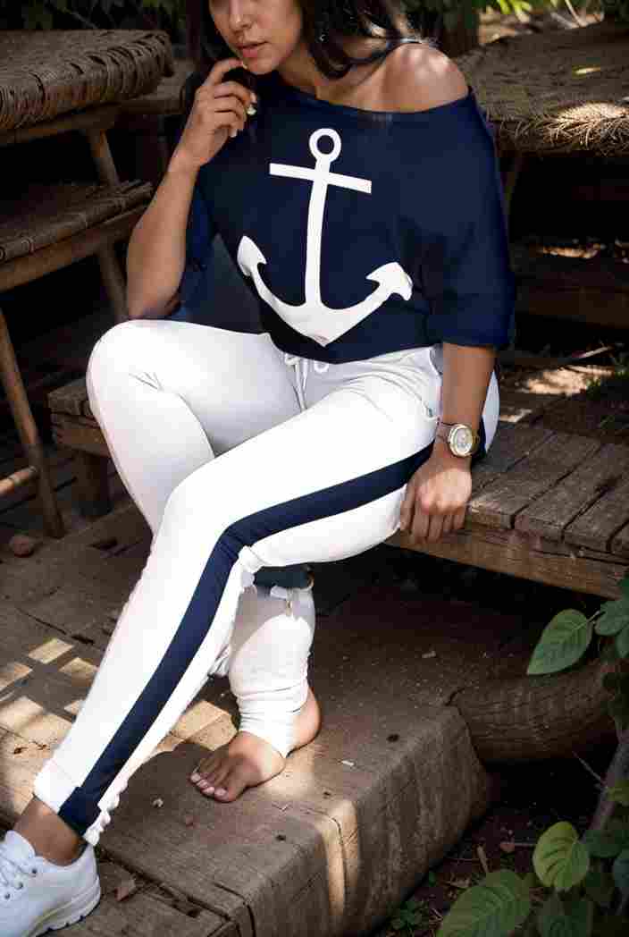 anchor print v neck long sleeve t shirt trousers two piece suit 107288