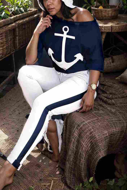 anchor print v neck long sleeve t shirt trousers two piece suit 129834