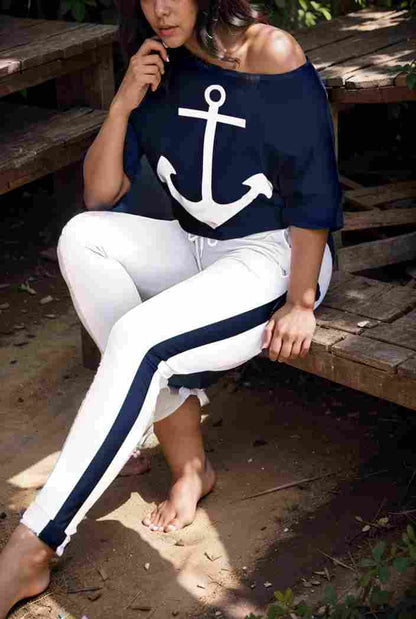 anchor print v neck long sleeve t shirt trousers two piece suit 119309