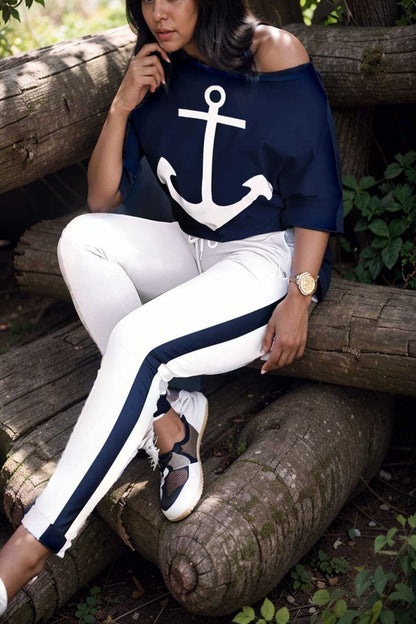 anchor print v neck long sleeve t shirt trousers two piece suit 146998