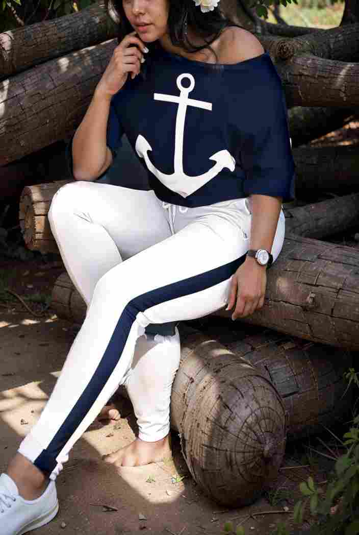 anchor print v neck long sleeve t shirt trousers two piece suit 115051