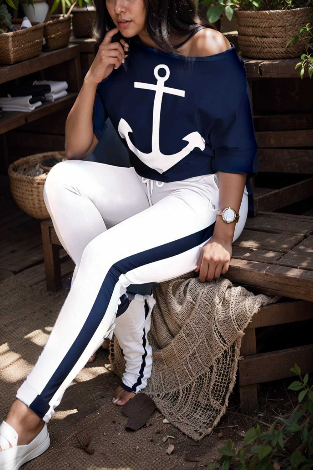 anchor print v neck long sleeve t shirt trousers two piece suit 130640