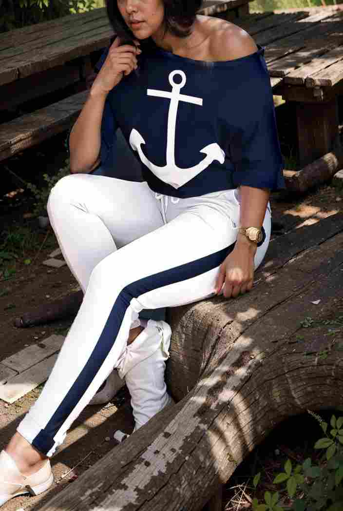 anchor print v neck long sleeve t shirt trousers two piece suit 127700